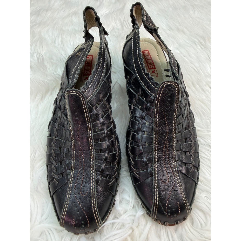 Pikolinos Woven Leather Wedge Sandals Huarache Slingback Black Brown Size 40